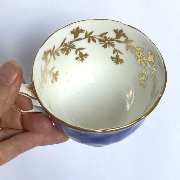 Aynsley Deep Blue No 28 Scalloped Border Gold Accent Floral Thistle Cup Saucer - Picture 3 of 11